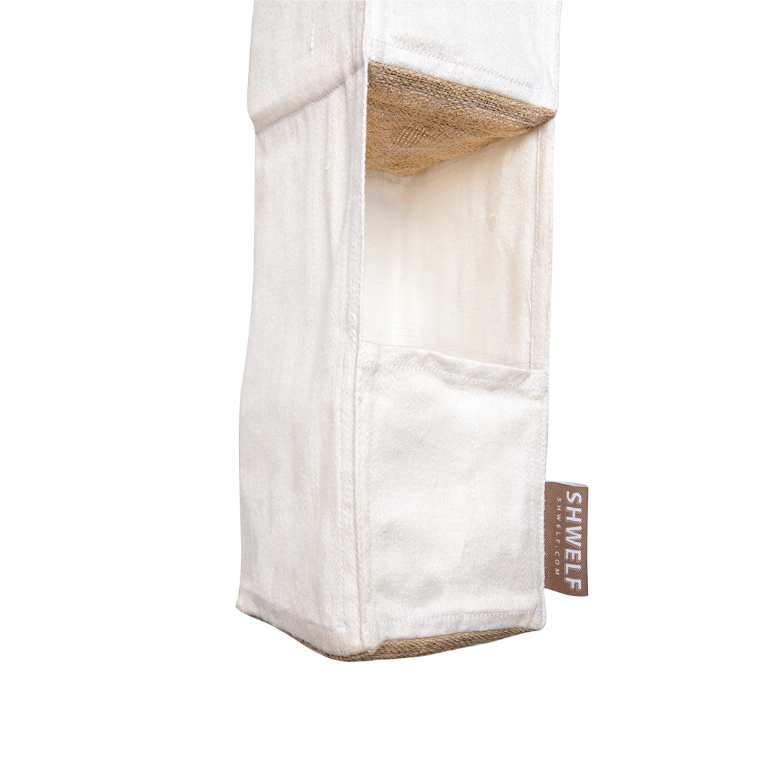 Close-up of Shwelf hemp fabric shower organiser showing woven texture and reinforced stitching