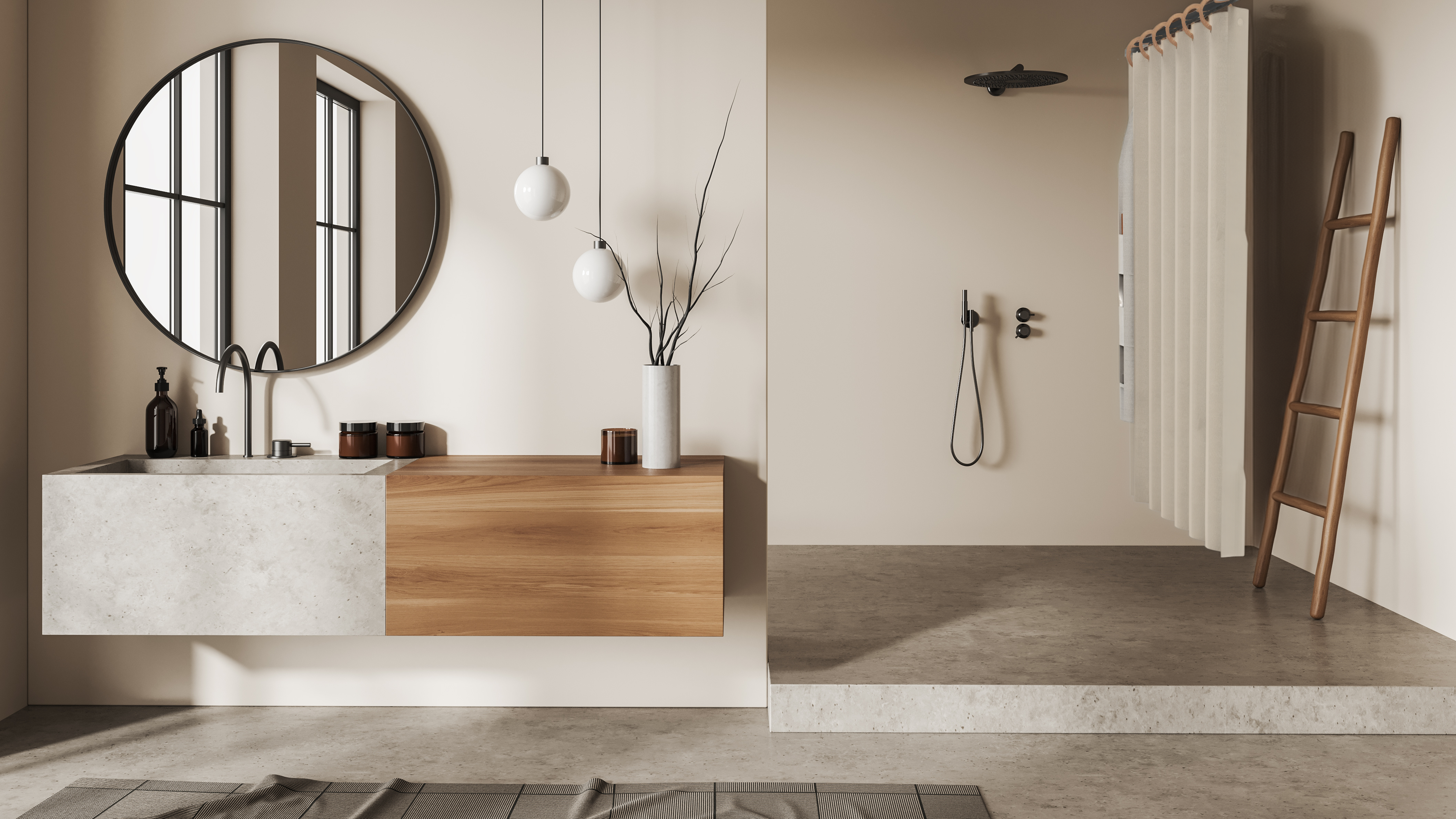 Bathroom interior with a vanity, mirror, and shower area. Sustainable Shower Caddy