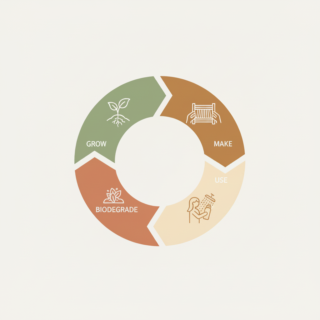 Circular diagram with stages 'Grow', 'Make', 'Use', and 'Biodegrade' on a light background