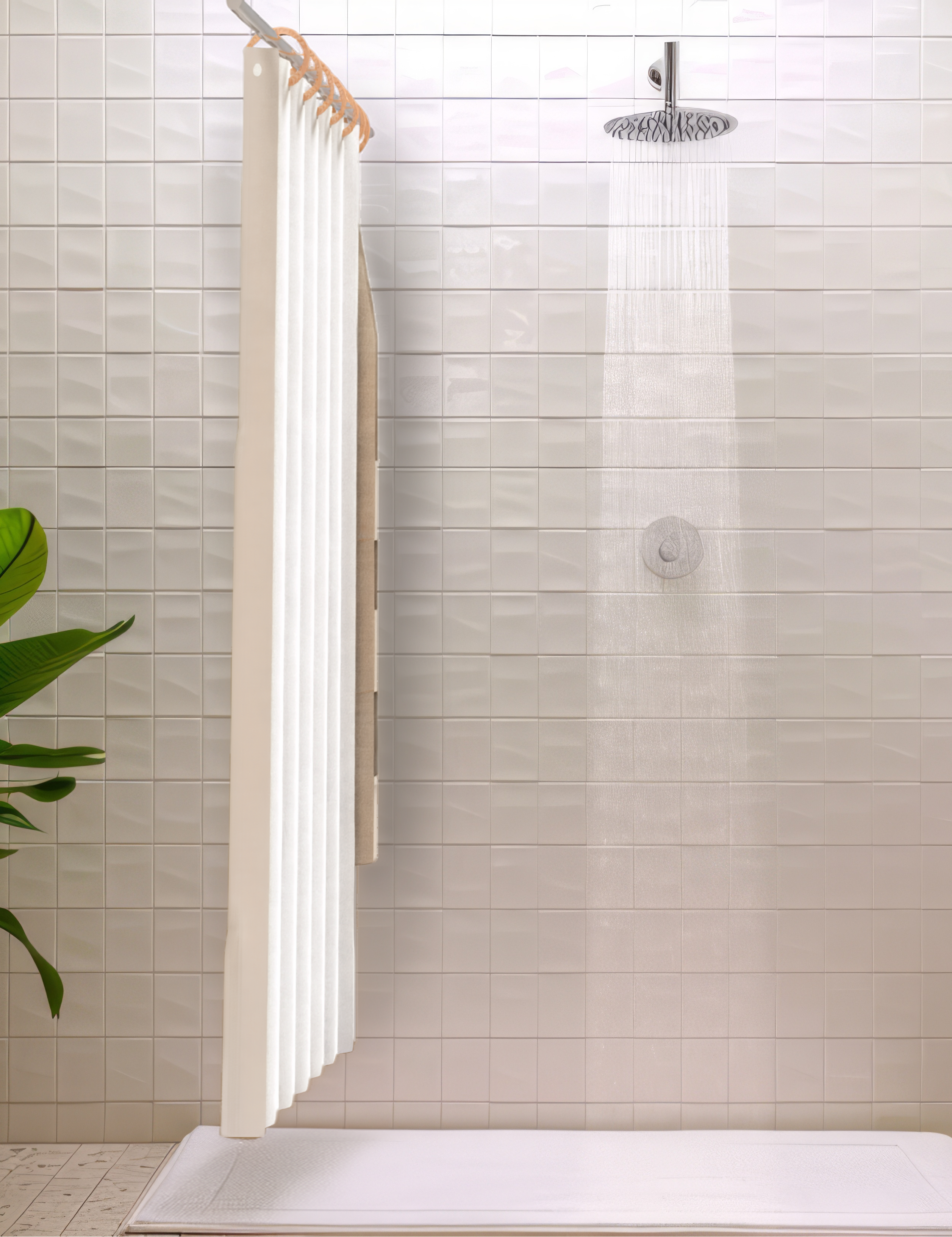 A modern bathroom scene with a walk-in shower area featuring a white tiled wall, a shower head with water running, a white floor mat, a potted green plant on the left, and a white wall-mounted sink on the right.