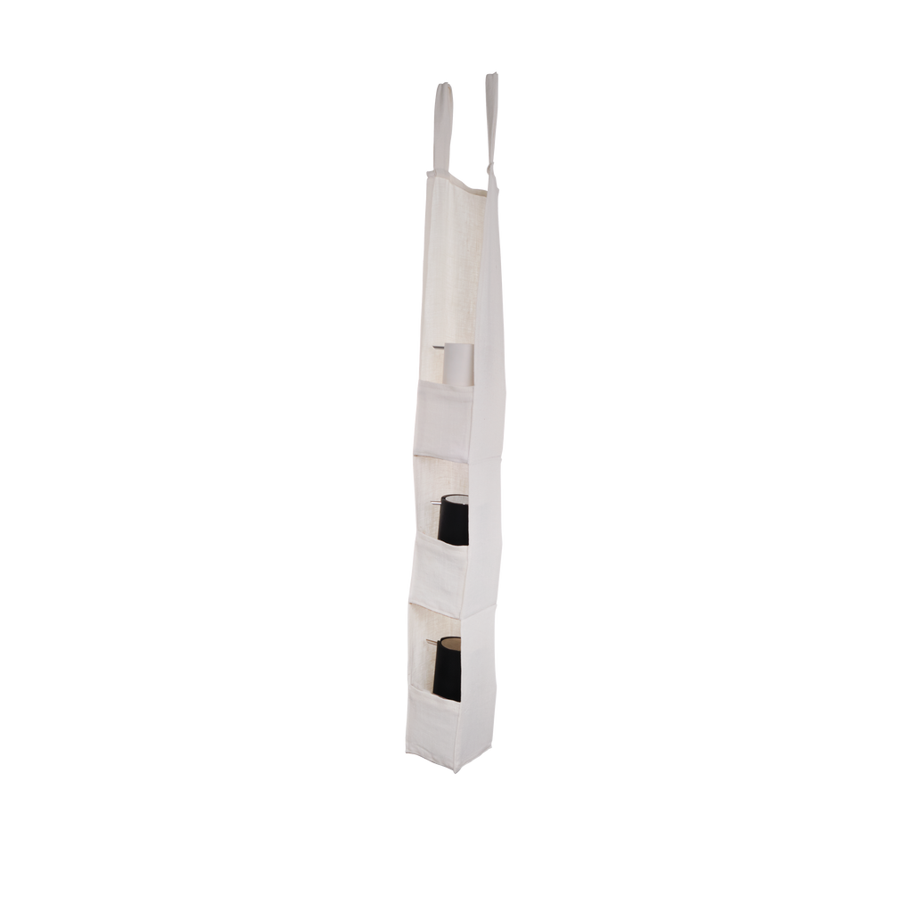 White hanging shower caddy with multiple compartments on a white background