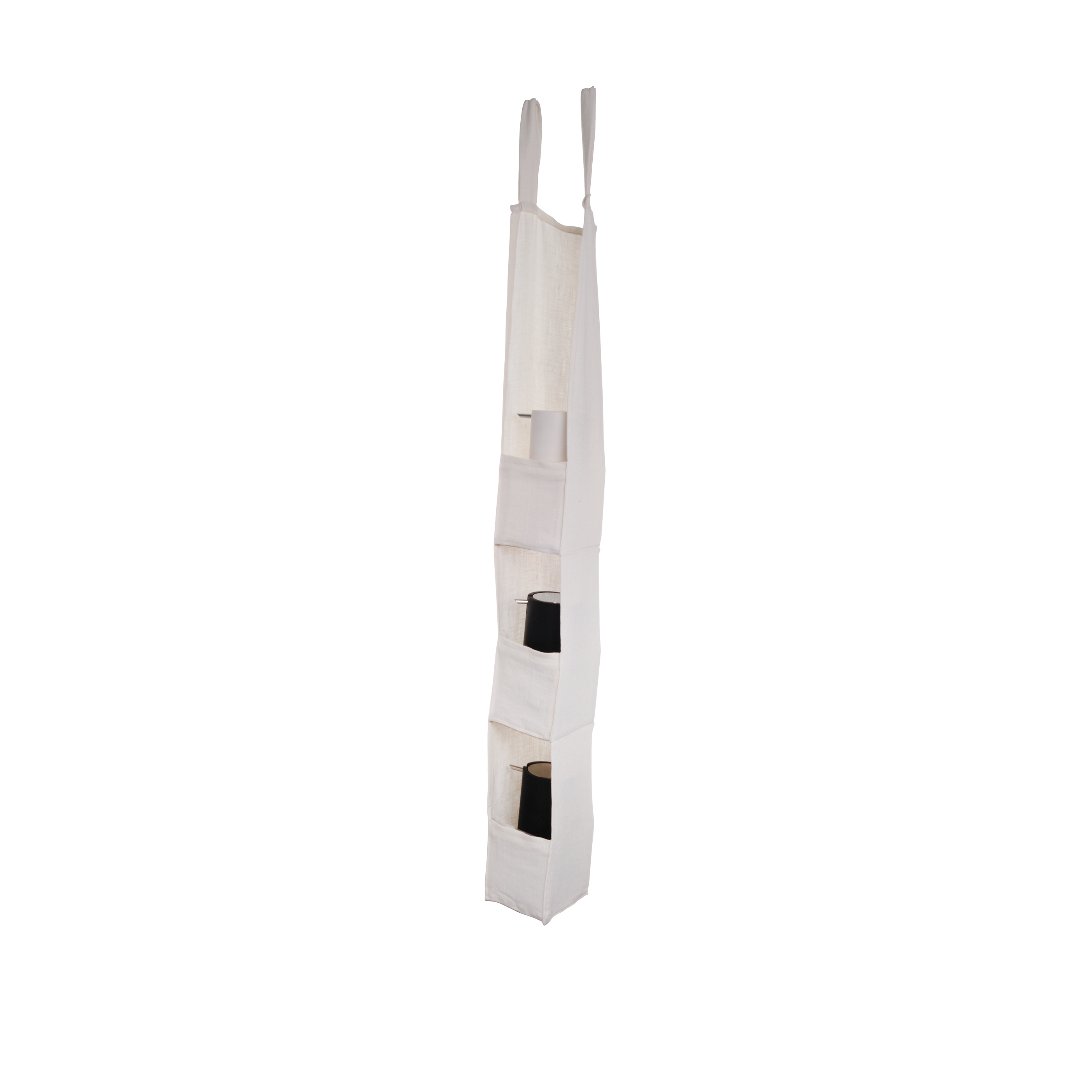 White hanging shower caddy with multiple compartments on a white background