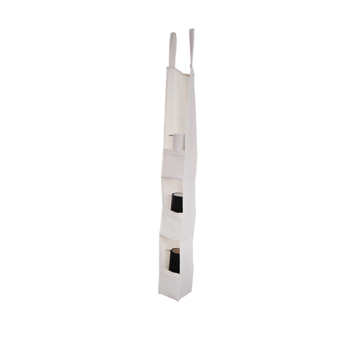 White hanging shower caddy with multiple compartments on a white background