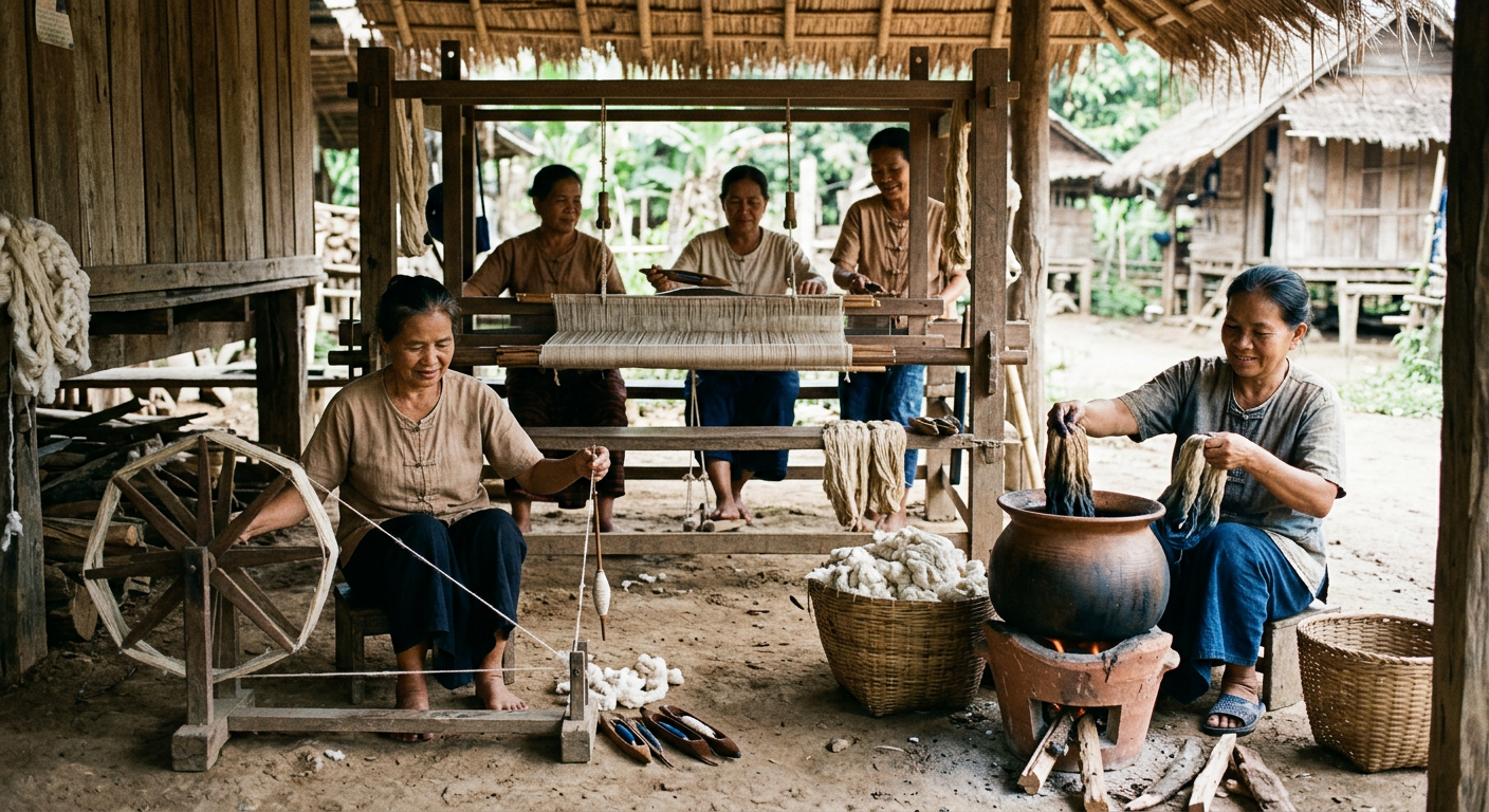 Group of people engaged in traditional weaving activities in a rustic setting.