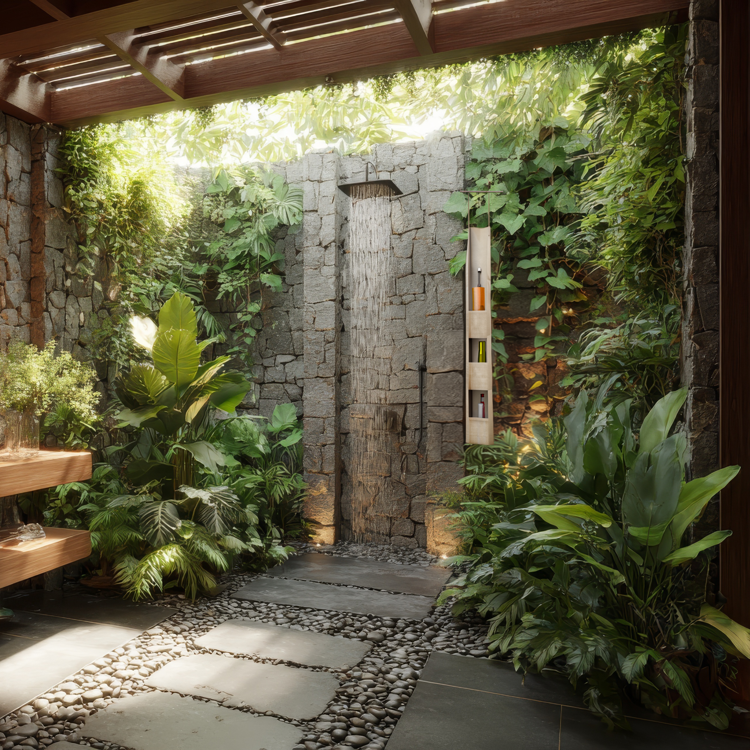 Modern bathroom with natural stone walls, plants, and a stone floor. Natural shower caddy.