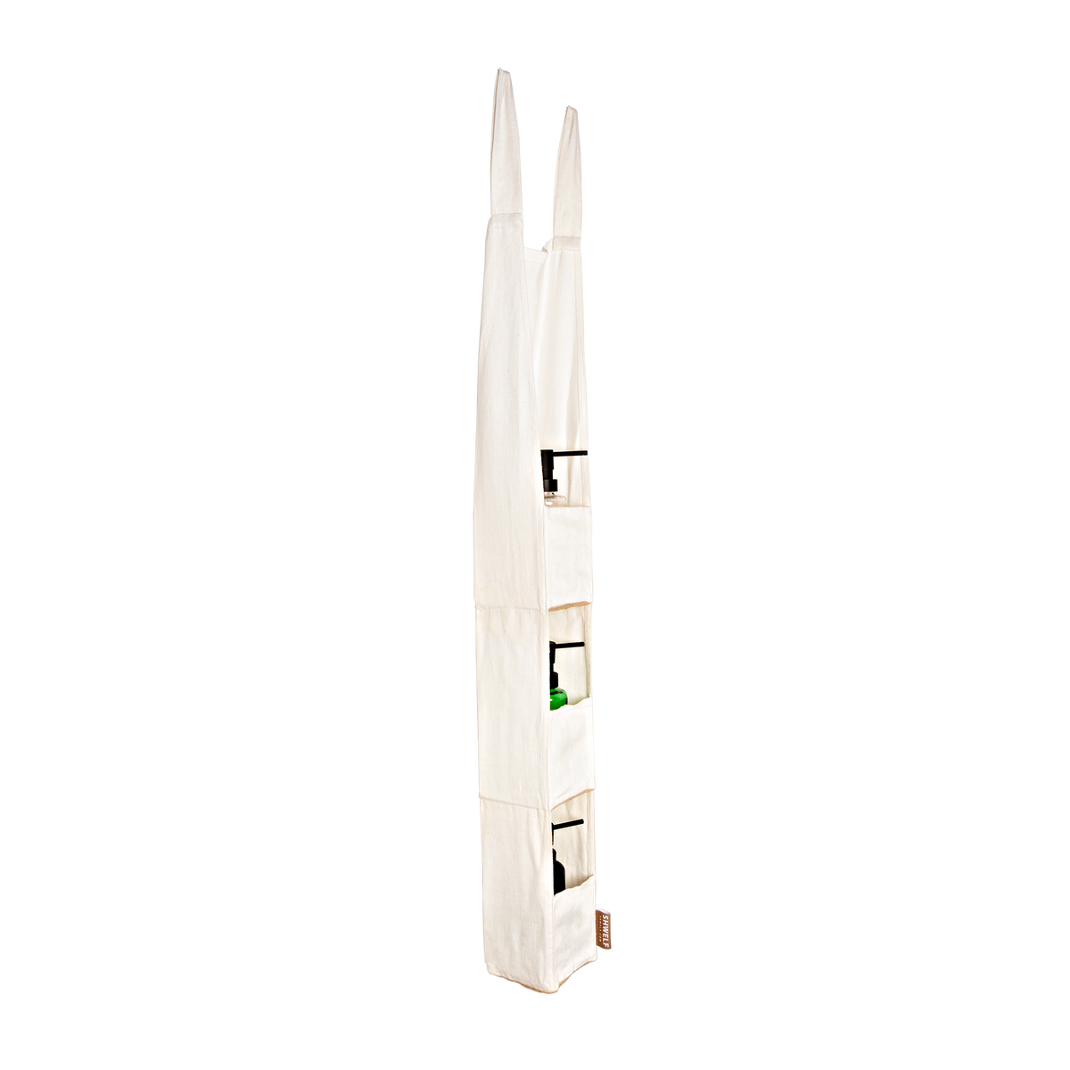 An off-white fabric hanging organiser with multiple vertical pockets, shown empty against a solid white background.