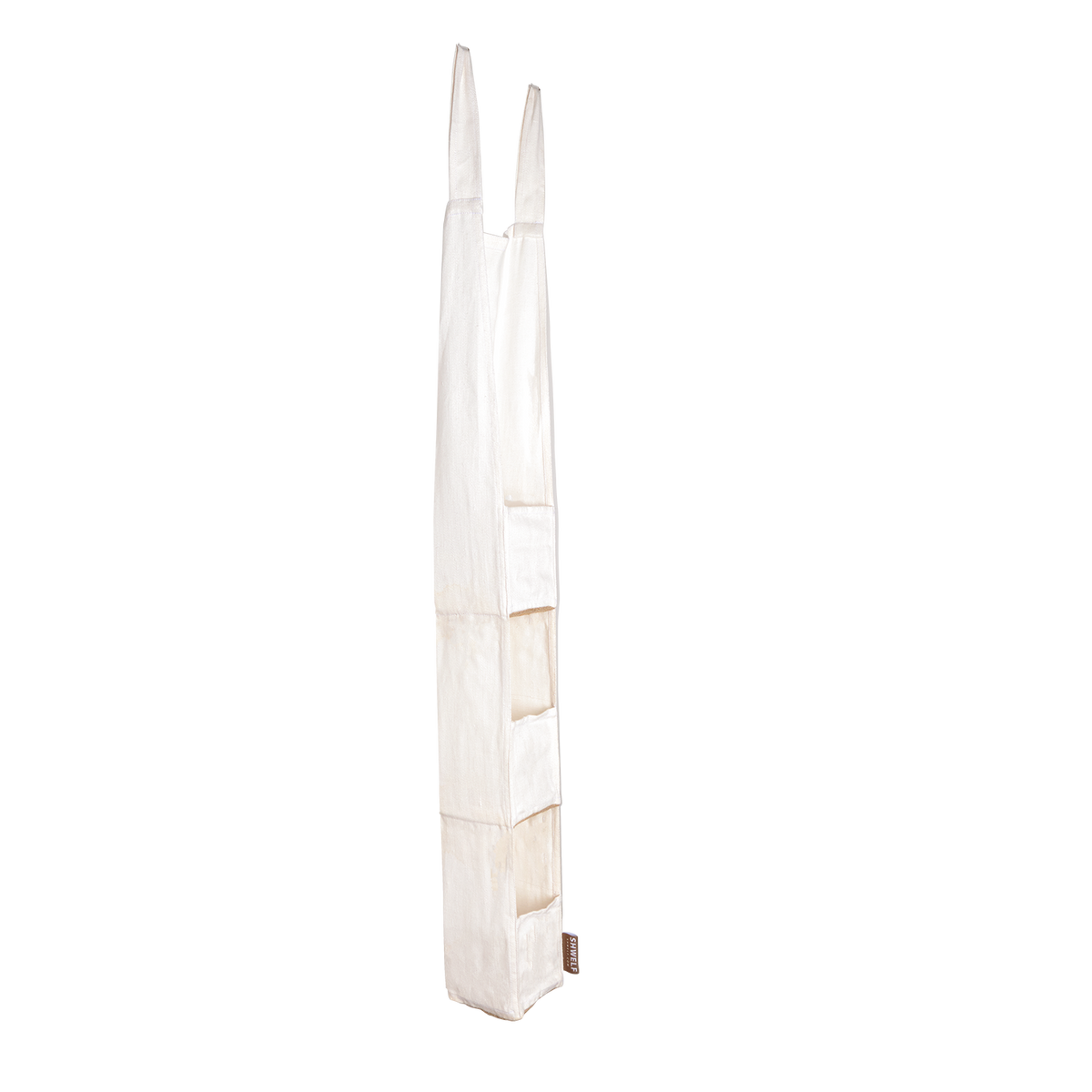 An off-white fabric hanging organiser with multiple vertical pockets and two long handles, shown against a plain white background.
