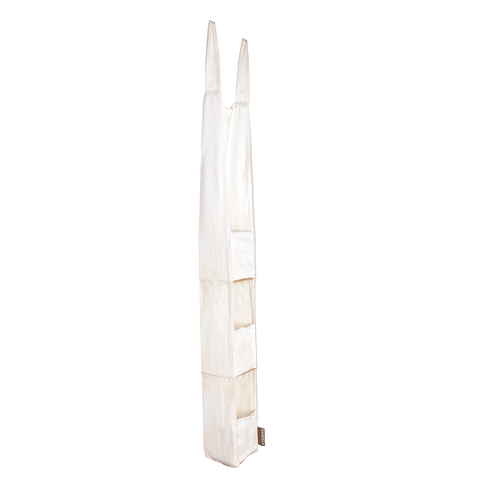 An off-white fabric hanging organiser with multiple vertical pockets and two long handles, shown against a plain white background.